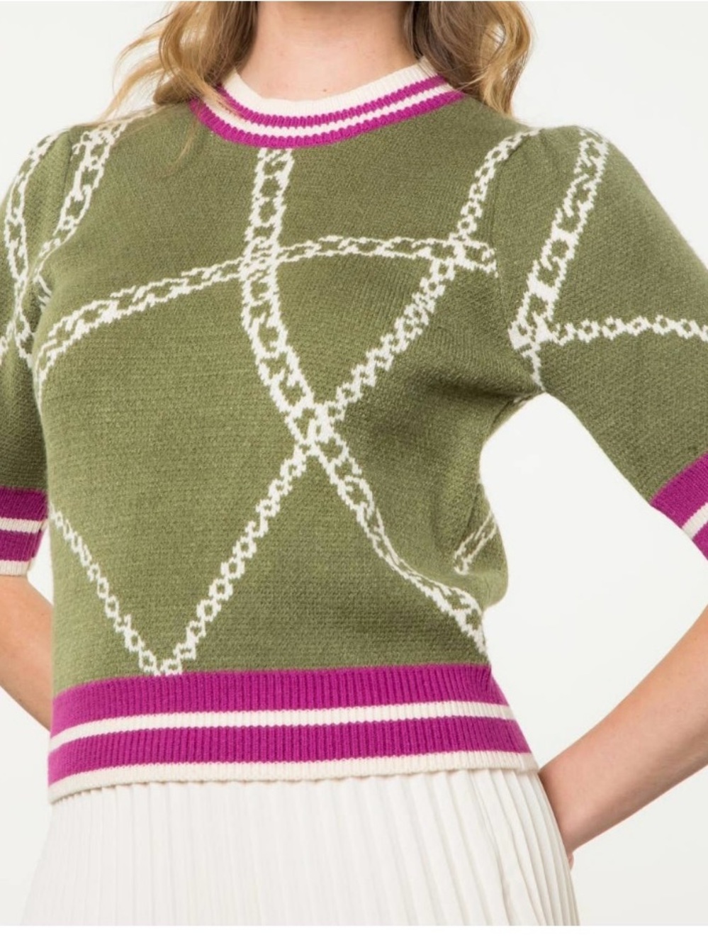 THML Olive Green Short Sleeve Sweater with Magenta & Cream Trim